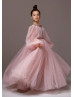 Blush Pink Satin Tulle Pearls Embellished Long Flower Girl Dress
